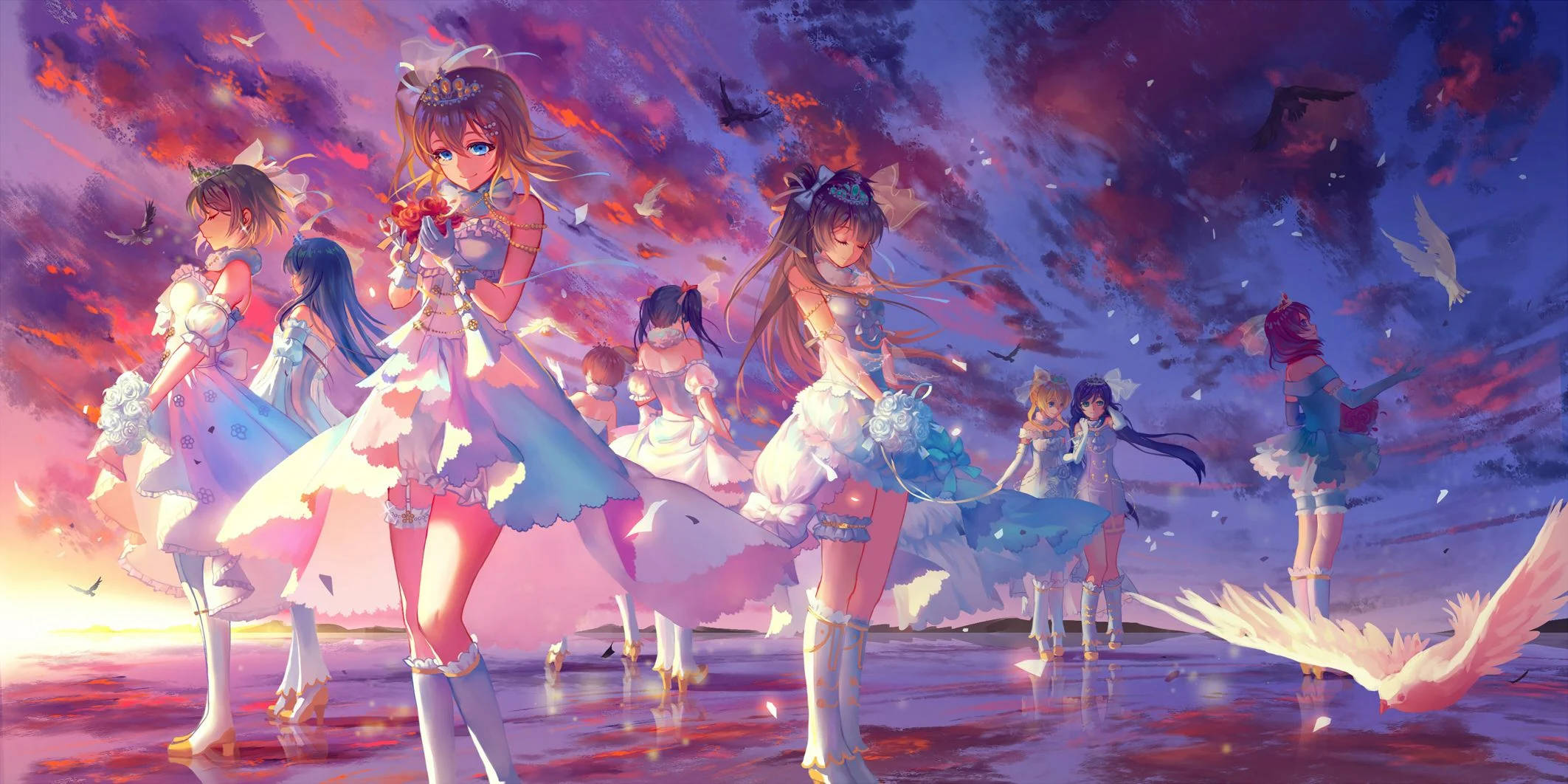 anime dance 桌布 壁紙 — 穿著白色連衣裙的動漫女孩在充滿活力的日落天空下跳舞，周圍漂浮著羽毛和鳥兒。