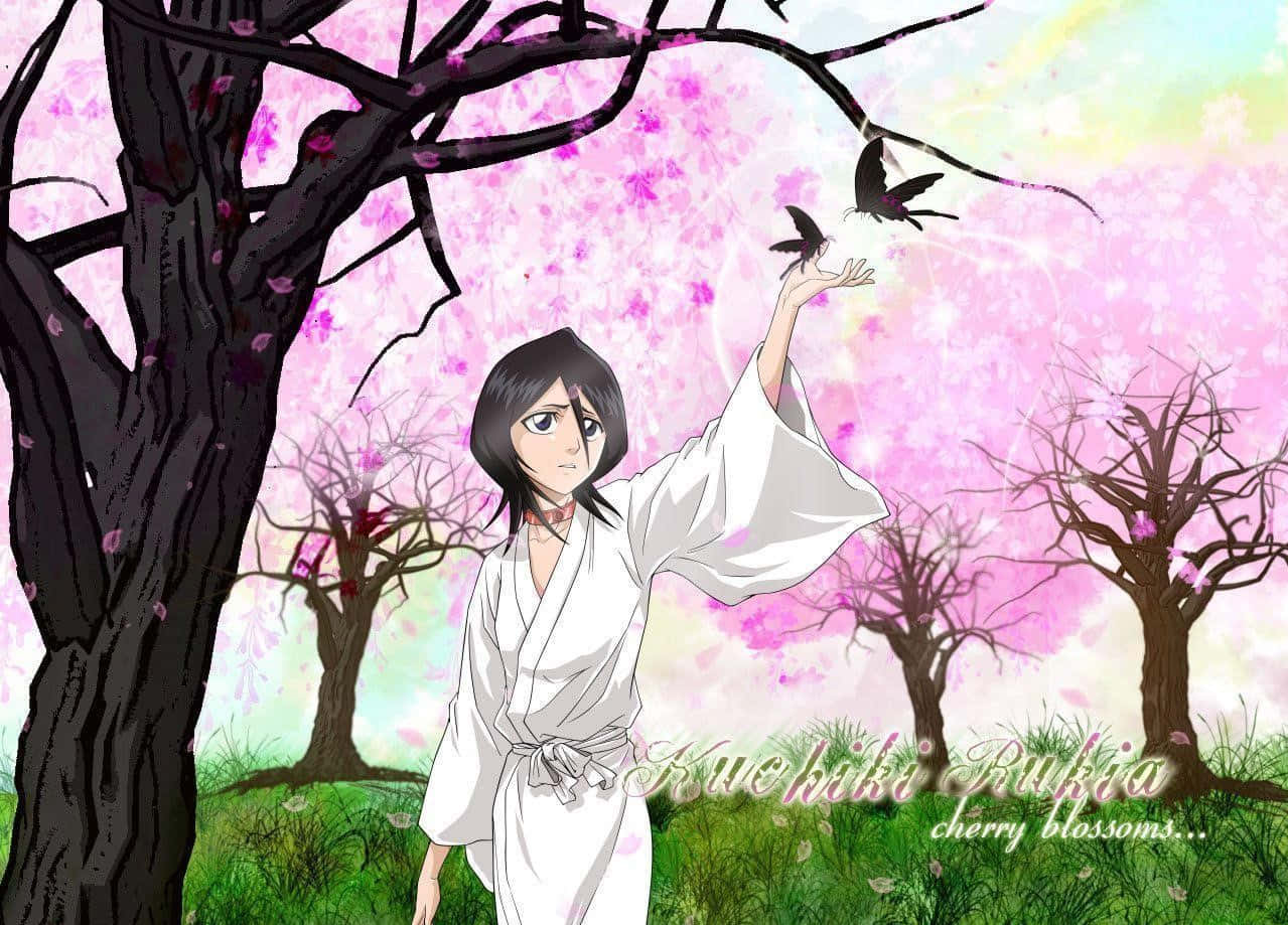 Rukia Kuchiki 桌布 壁紙 — 穿著白色長袍的動漫女孩在粉紅櫻花樹下伸手觸碰黑色蝴蝶。