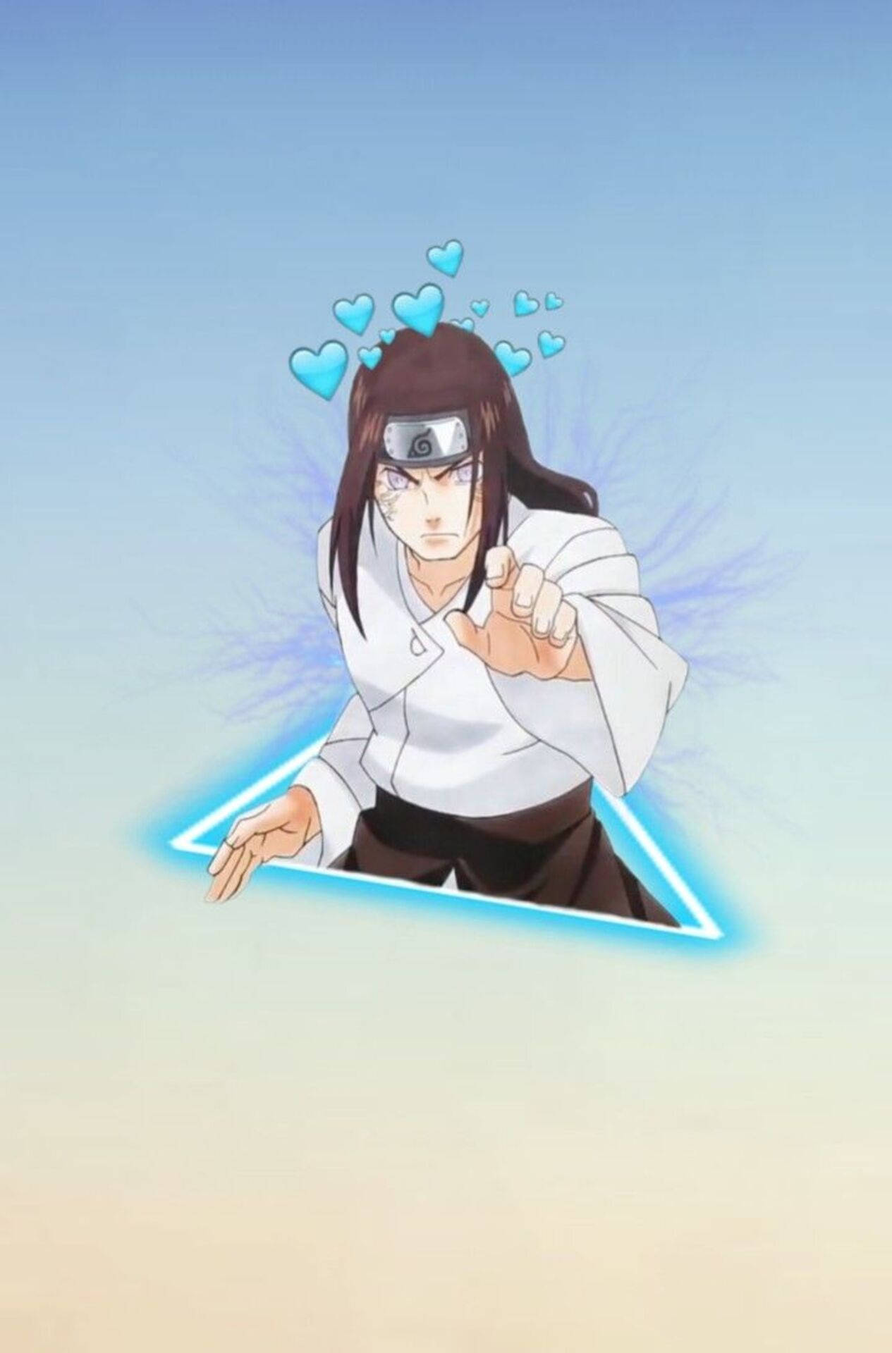 Neji 桌布 壁紙 — 穿著白色長袍的動漫角色，頭頂有藍色心形漂浮，下方有發光的藍色三角形。