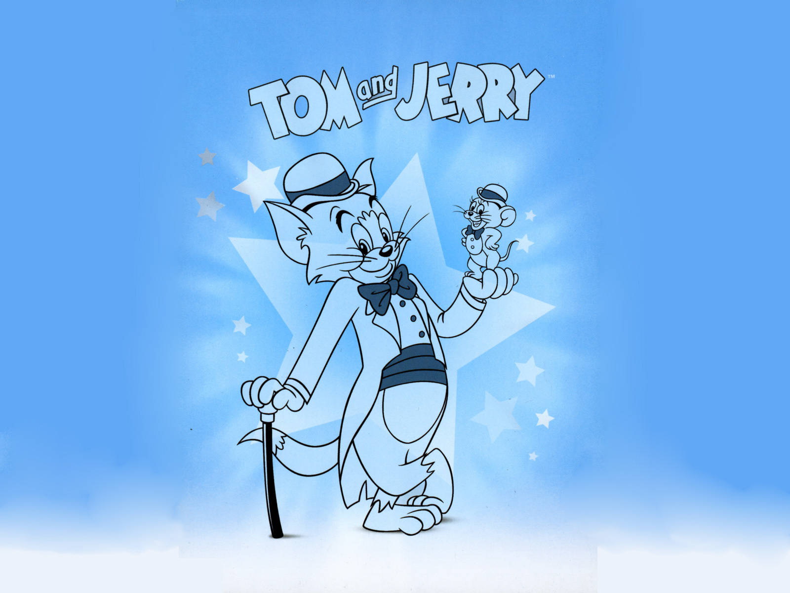 tom and jerry iPhone 桌布 壁紙 — 穿著禮服的貓湯姆拿著手杖和小傑瑞，背景是藍色星空，並有「Tom and Jerry」文字。