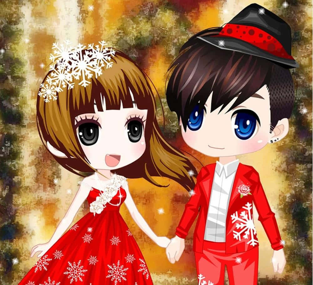 可愛動漫情侶 桌布 壁紙 — 穿著節日紅色雪花服裝的Q版動漫情侶，在溫暖的金色閃亮背景前牽手。