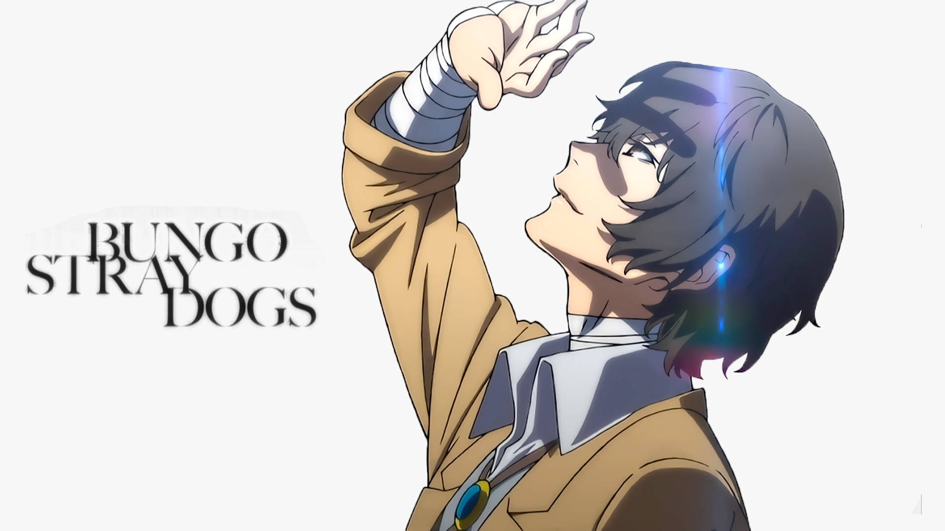 Dogs 桌布 壁紙 — 穿著米色外套的動漫角色，在白色背景上，將手舉向光線，帶有發光的藍色頭髮點綴。