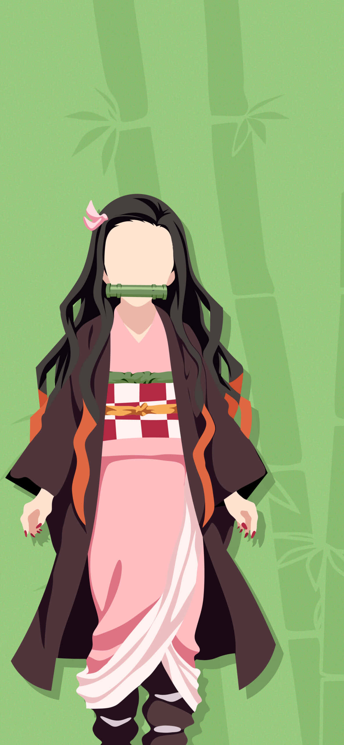 鬼滅之刃 桌布 壁紙 — 穿著粉紅色和服的動漫女孩，嘴裡含著竹製口枷，站在綠色竹林背景前。