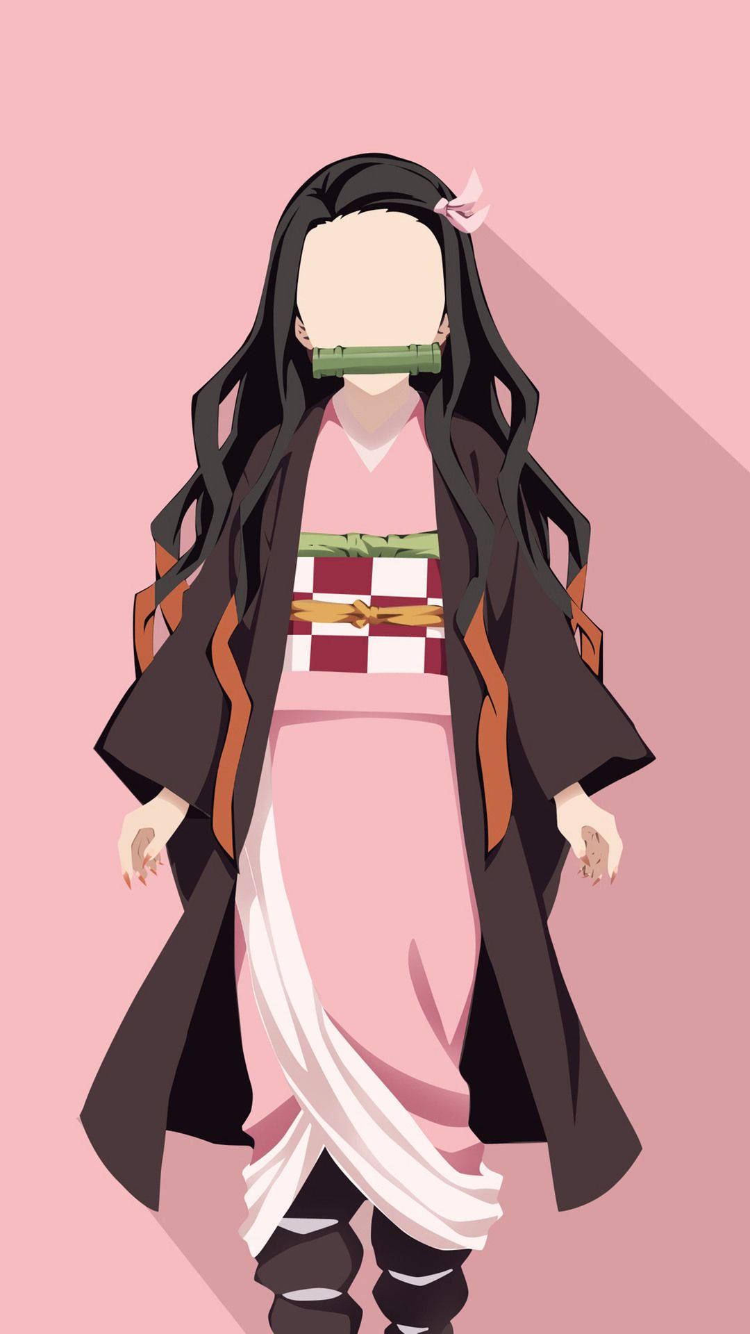Nezuko iPhone 桌布 壁紙 — 穿著粉紅色和服的動漫女孩，帶有竹製口塞和長長的黑髮，背景為純粉紅色。