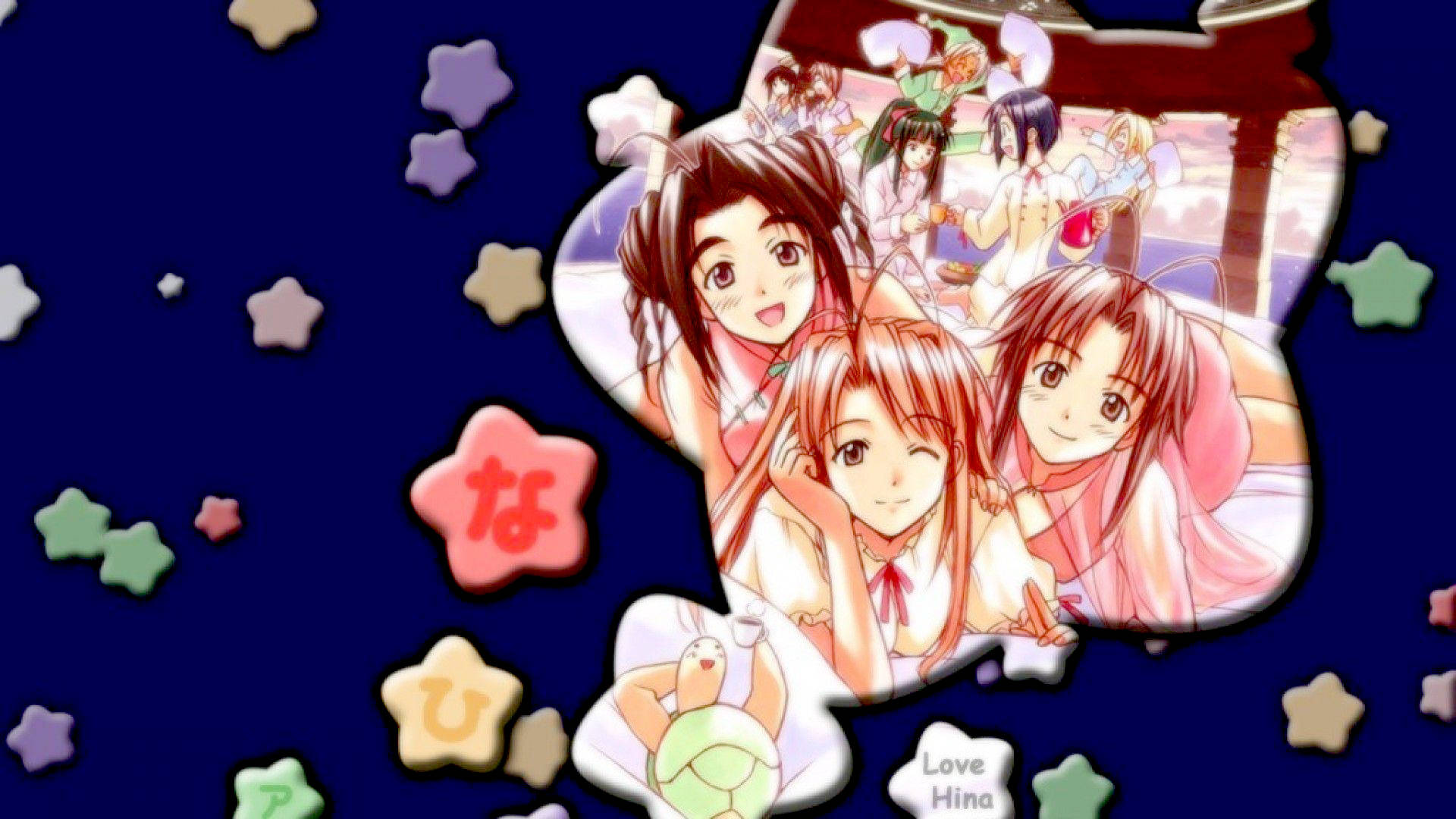 Hina 桌布 壁紙 — 穿著粉紅色服裝的動漫女孩在星形框架內溫暖微笑，背景為深藍色，漂浮著多彩星星。