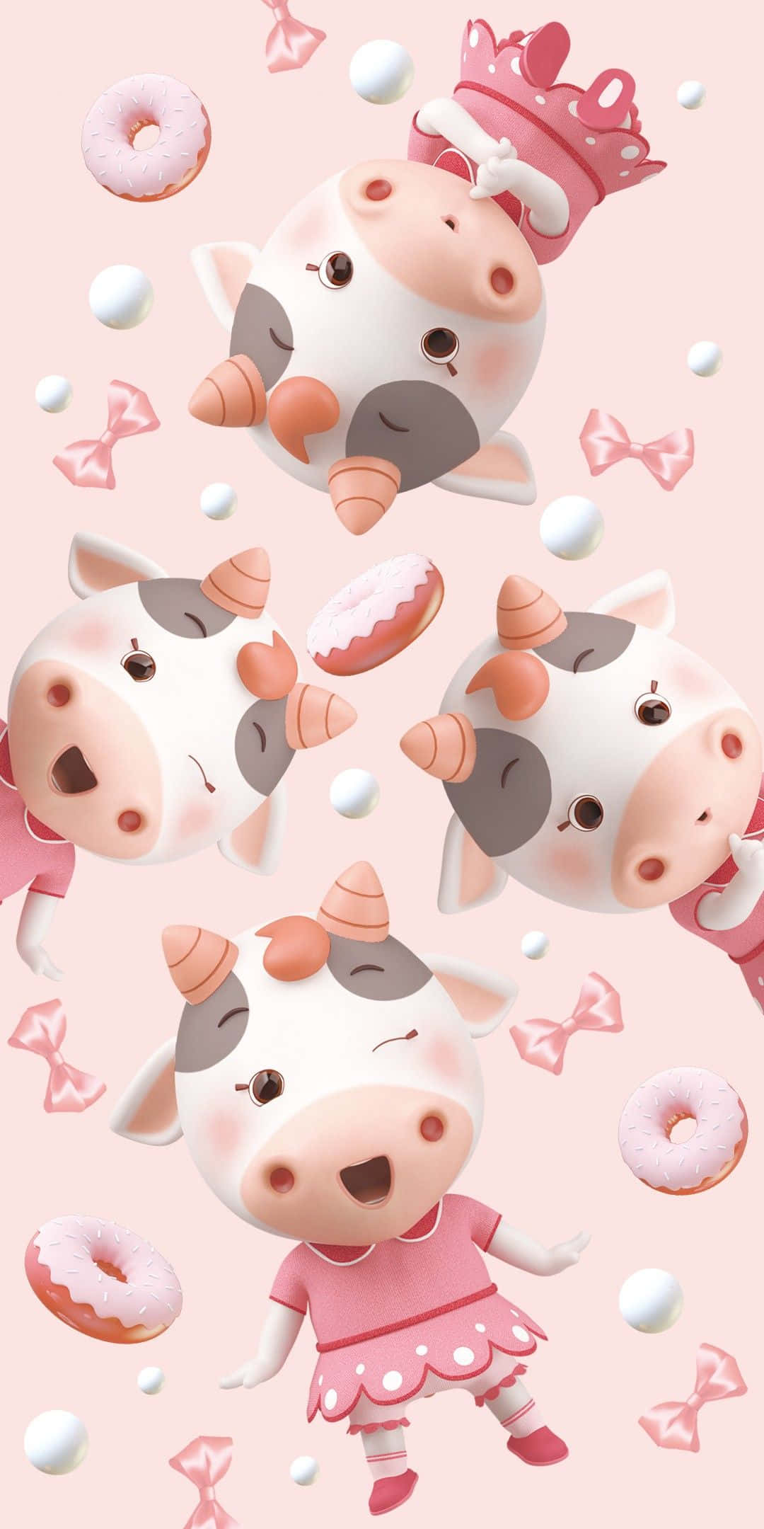 Kawaii Cute Cow 桌布 壁紙 — 穿著粉紅色服裝的可愛3D渲染卡通牛在柔和的粉紅色背景上，在甜甜圈和蝴蝶結之間快樂地漂浮。