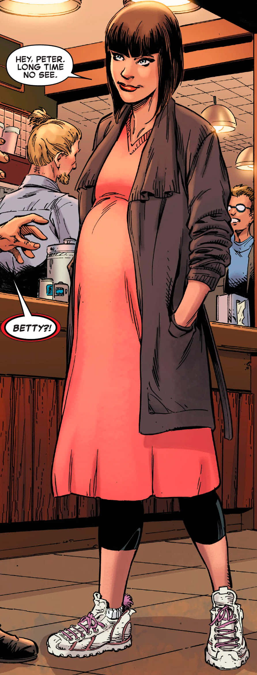 Betty Brant 桌布 壁紙 — 穿著粉紅色連衣裙和運動鞋的孕婦自信地站在帶有對話氣泡的漫畫餐廳裡。