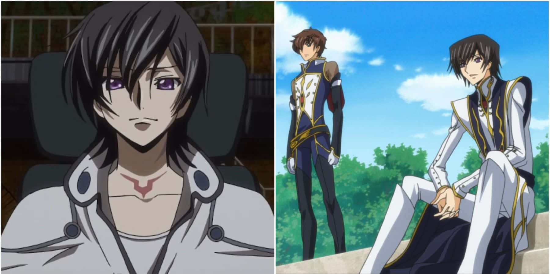 lelouch lamperouge 桌布 壁紙 — 穿著精細制服的動漫角色，一個坐在室內，另一個在藍天綠樹下的室外。