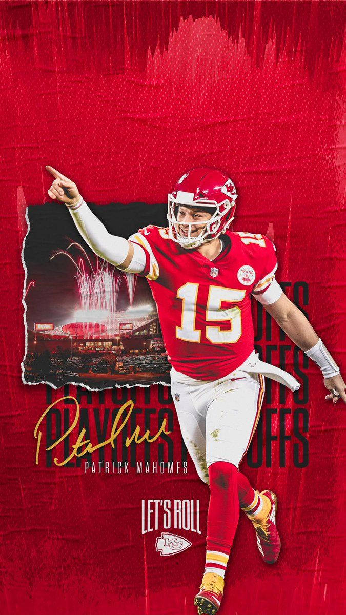 Kc Chiefs 桌布 壁紙 — 穿著紅色15號球衣的足球運動員Patrick Mahomes在充滿活力的紅色紋理背景上向前指著，並嵌入了體育場煙火。