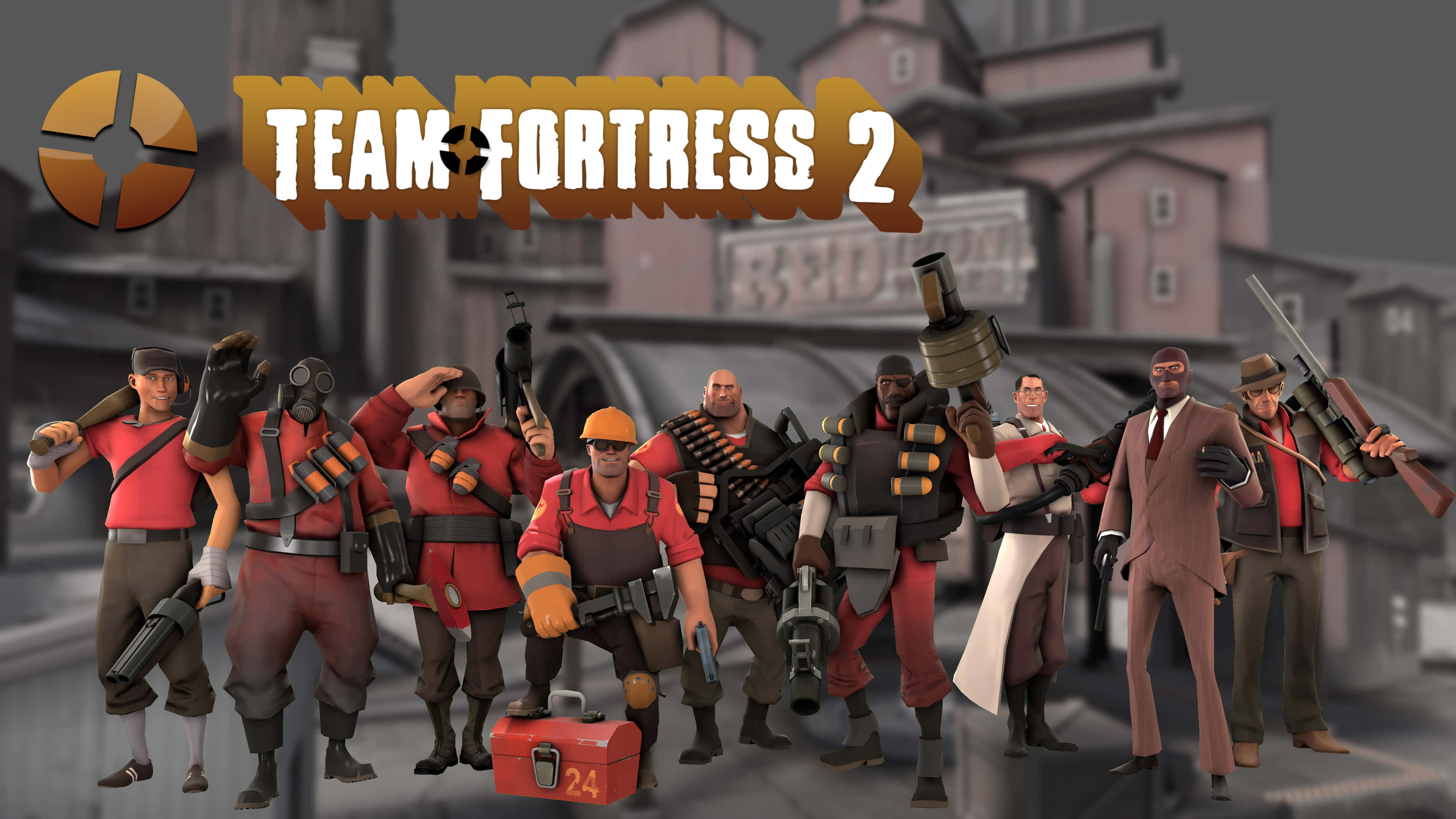 Team Fortress 2 Characters 桌布 壁紙 — 穿著紅色制服的 Team Fortress 2 角色站在一個粗糙的城市環境中，背後有工業建築。