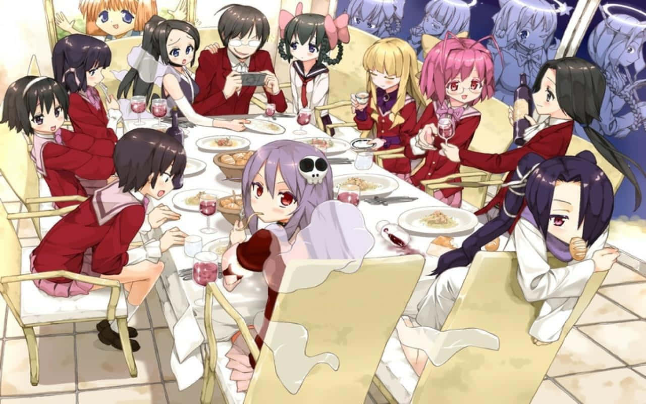 動漫角色 桌布 壁紙 — 穿著紅色制服的動漫女孩聚集在一張擺滿食物和飲料的長餐桌周圍，在一間燈光溫暖的餐廳裡。