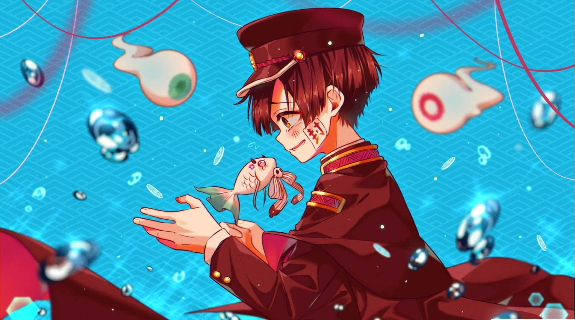Hanako Kun 桌布 壁紙 — 穿著紅色制服的動畫男孩輕輕抱著一條小魚，漂浮的眼球和氣泡在充滿活力的藍色水中漂流。