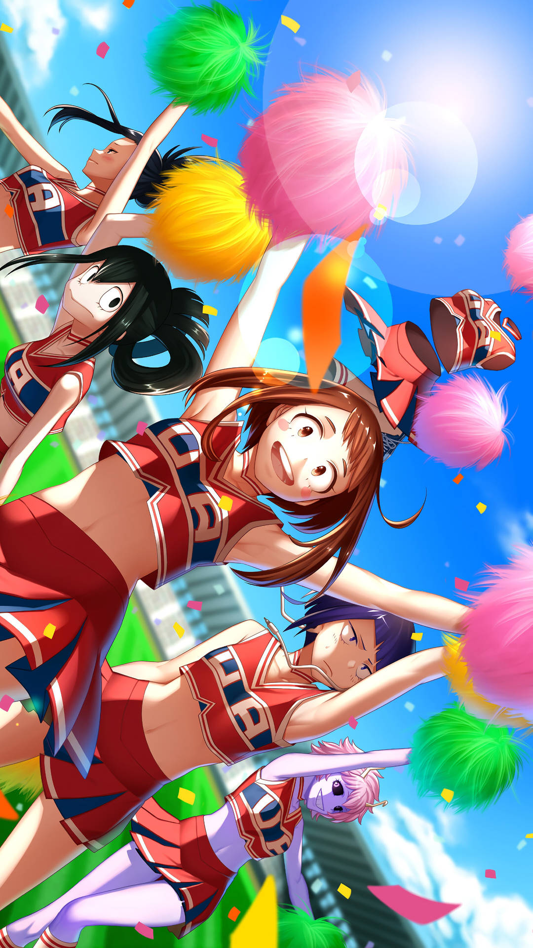 Cheerleader 桌布 壁紙 — 穿著紅色制服的啦啦隊在佈滿彩色紙屑的明亮藍天下歡樂跳躍。