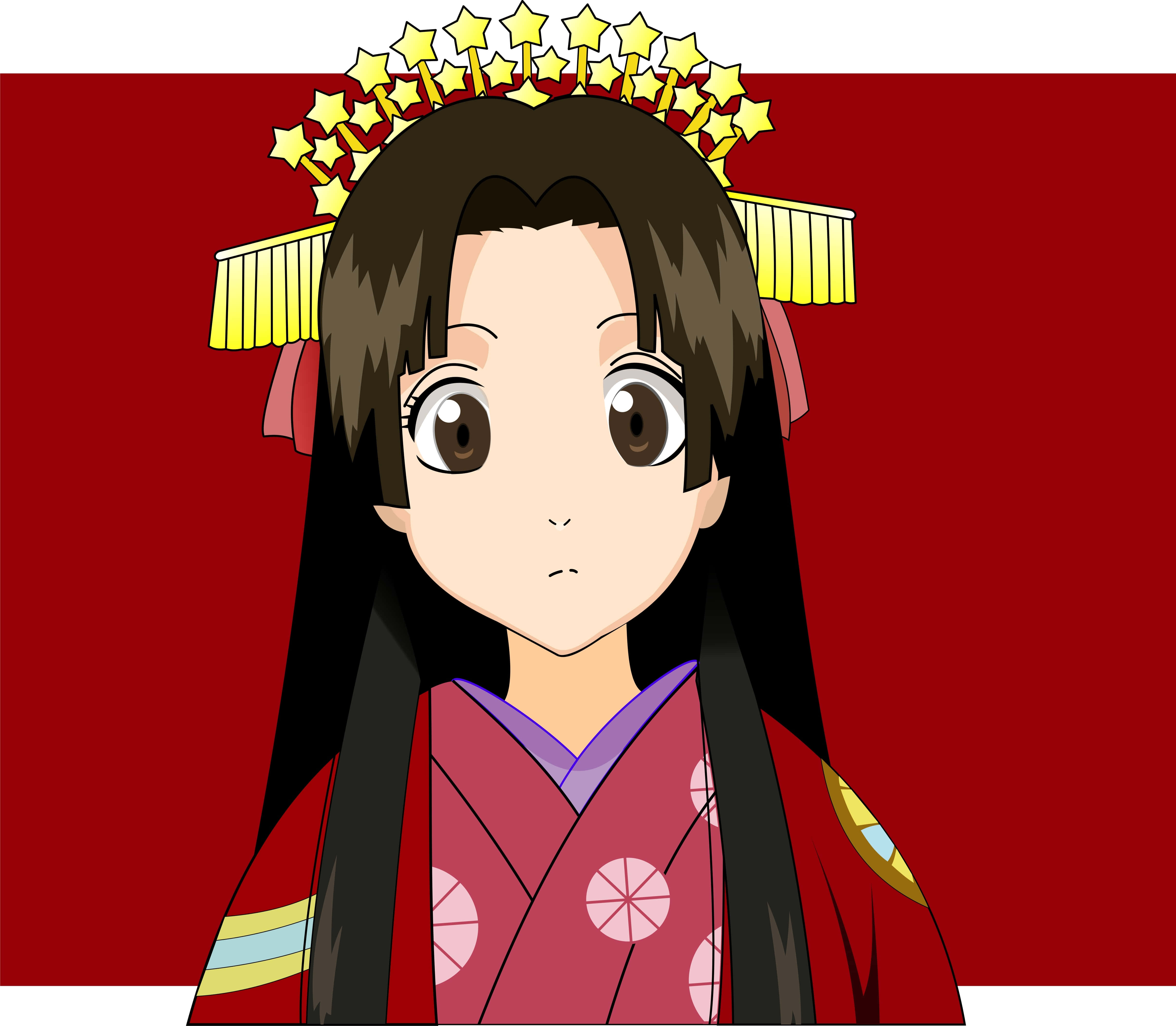 Tokugawa 桌布 壁紙 — 穿著紅色和服、戴著星星皇冠的動漫女孩，純紅色背景。