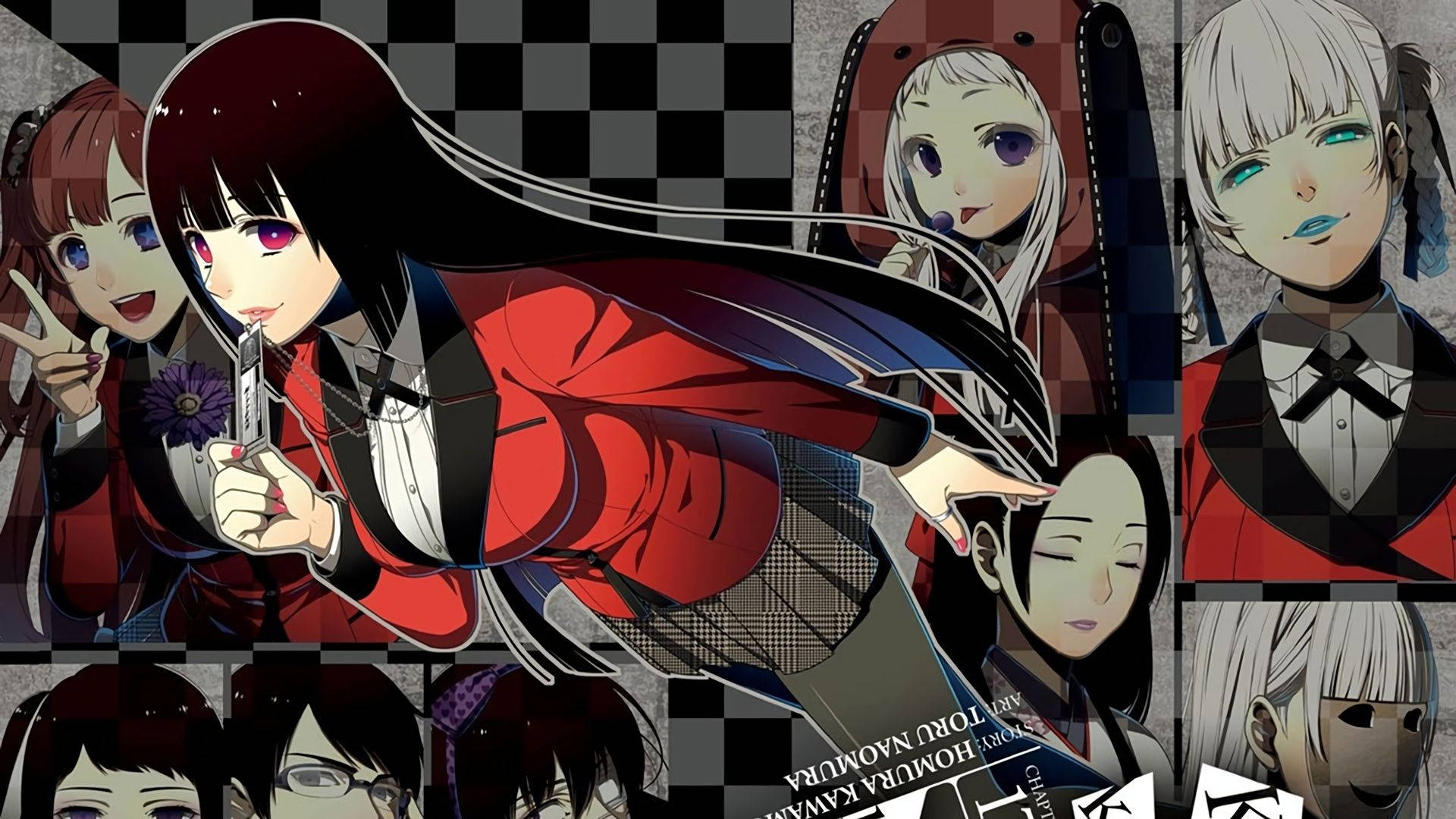 Kakegurui 桌布 壁紙 — 穿著紅色和黑色服裝的動漫角色在格子背景前動態擺姿勢，線條銳利，色彩鮮豔。