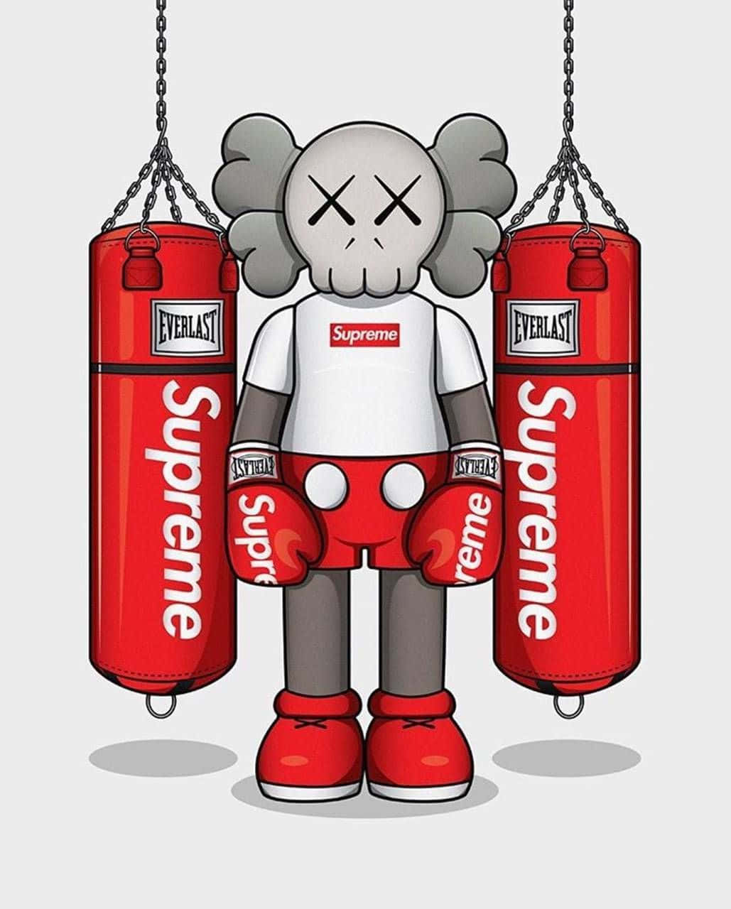 Cool Kaws 桌布 壁紙 — 穿著紅色拳擊裝備的KAWS角色站在兩個帶有Supreme標誌的紅色Everlast沙包之間。