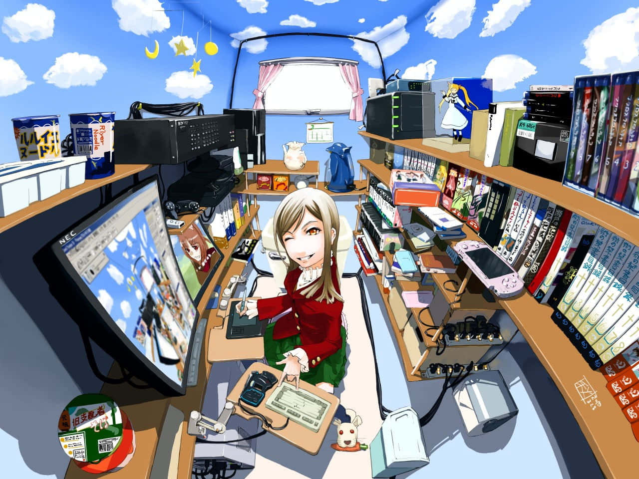 動漫女孩 桌布 壁紙 — 穿著紅色毛衣的動漫女孩，在一個天花板是天空、有漂浮星星的雜亂科技房間裡，對著觀眾微笑。