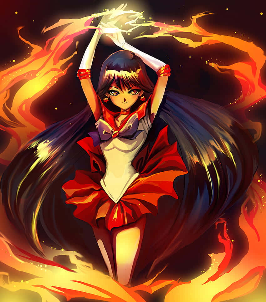 sailor mars 桌布 壁紙 — 穿著紅色水手服的動漫女孩，在黑暗的宇宙背景下舉起雙臂，釋放出熾熱的能量。