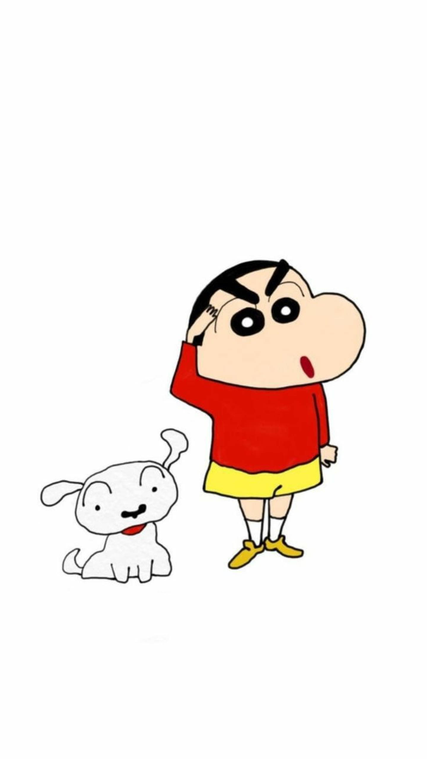 shinchan 桌布 壁紙 — 穿著紅色襯衫和黃色短褲的蠟筆小新，帶著驚訝的表情站在他的白色狗旁邊。