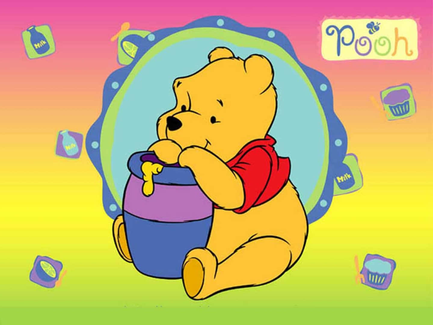 winnie the pooh 桌布 壁紙 — 穿著紅色襯衫的小熊維尼坐在彩虹漸變背景前，快樂地舔著一個彩色罐子裡的蜂蜜。