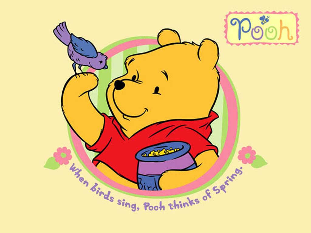 winnie the pooh 桌布 壁紙 — 穿著紅色襯衫的小熊維尼拿著蜂蜜罐，一隻紫色小鳥停在他的手上，背景是粉彩色調，帶有花卉邊框。