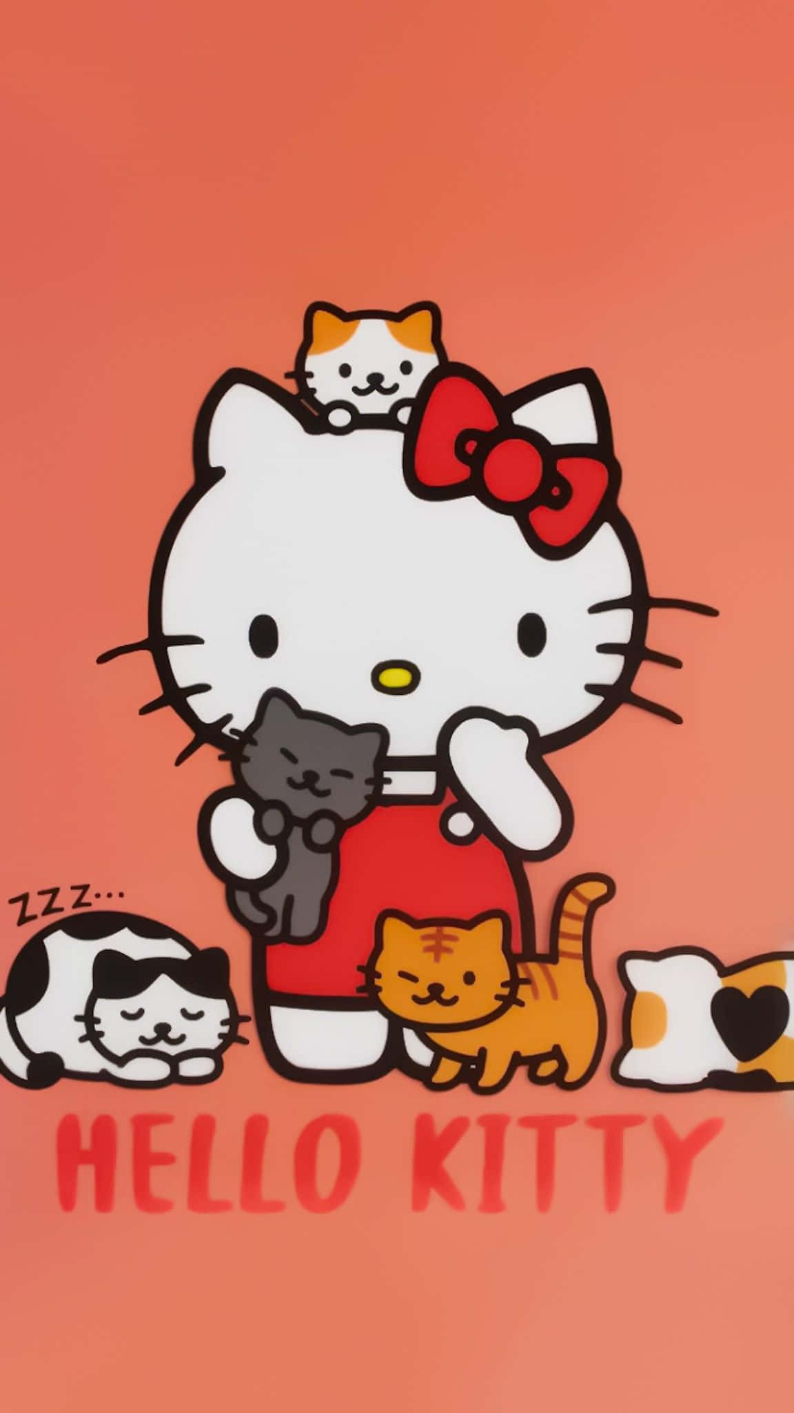 Hello Kitty Thanksgiving 桌布 壁紙 — 穿著紅色連衣裙的Hello Kitty抱著一隻灰色小貓，周圍是珊瑚色背景上睡覺和玩耍的貓咪。