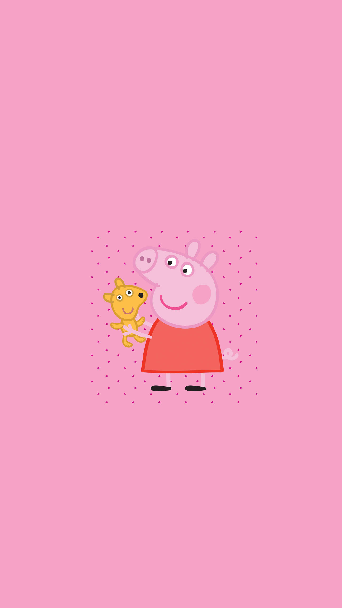 Peppa 桌布 壁紙 — 穿著紅色連衣裙的小豬佩奇在帶有細微圓點圖案的柔和粉紅色背景前抱著她的黃色小狗。