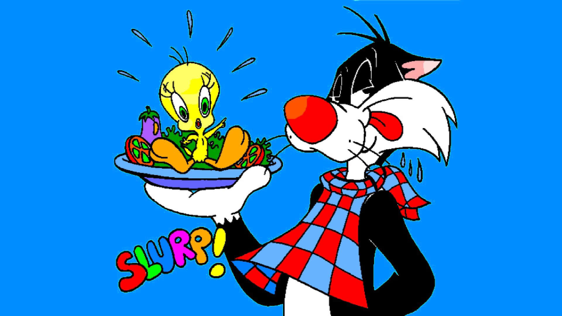 Sylvester The Cat 桌布 壁紙 — 穿著紅藍格子圍巾的傻大貓在明亮的藍色背景上啜飲著一份沙拉，上面有震驚的翠兒鳥。