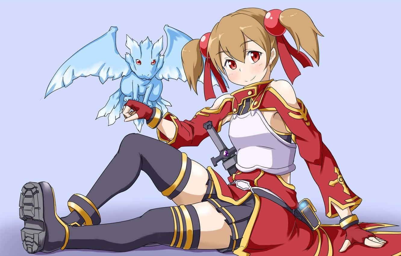 Sword Art Online Silica 桌布 壁紙 — 穿著紅金色服裝的動漫女孩與藍色小龍同伴坐在柔和的薰衣草背景前。