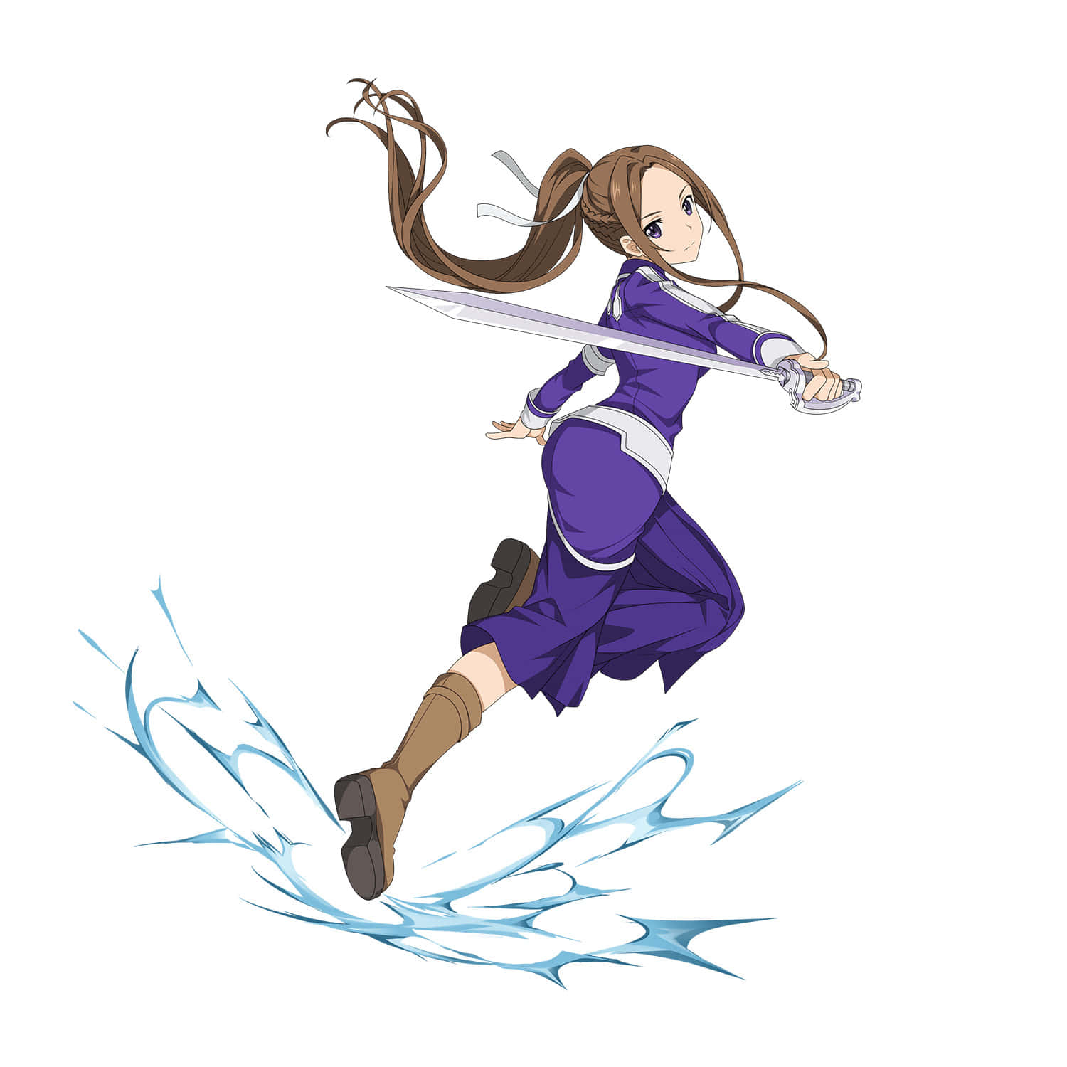 Sortiliena Serlut 桌布 壁紙 — 穿著紫色服裝的動漫女孩，揮舞著劍，腳下有藍色能量軌跡，動態跳躍。