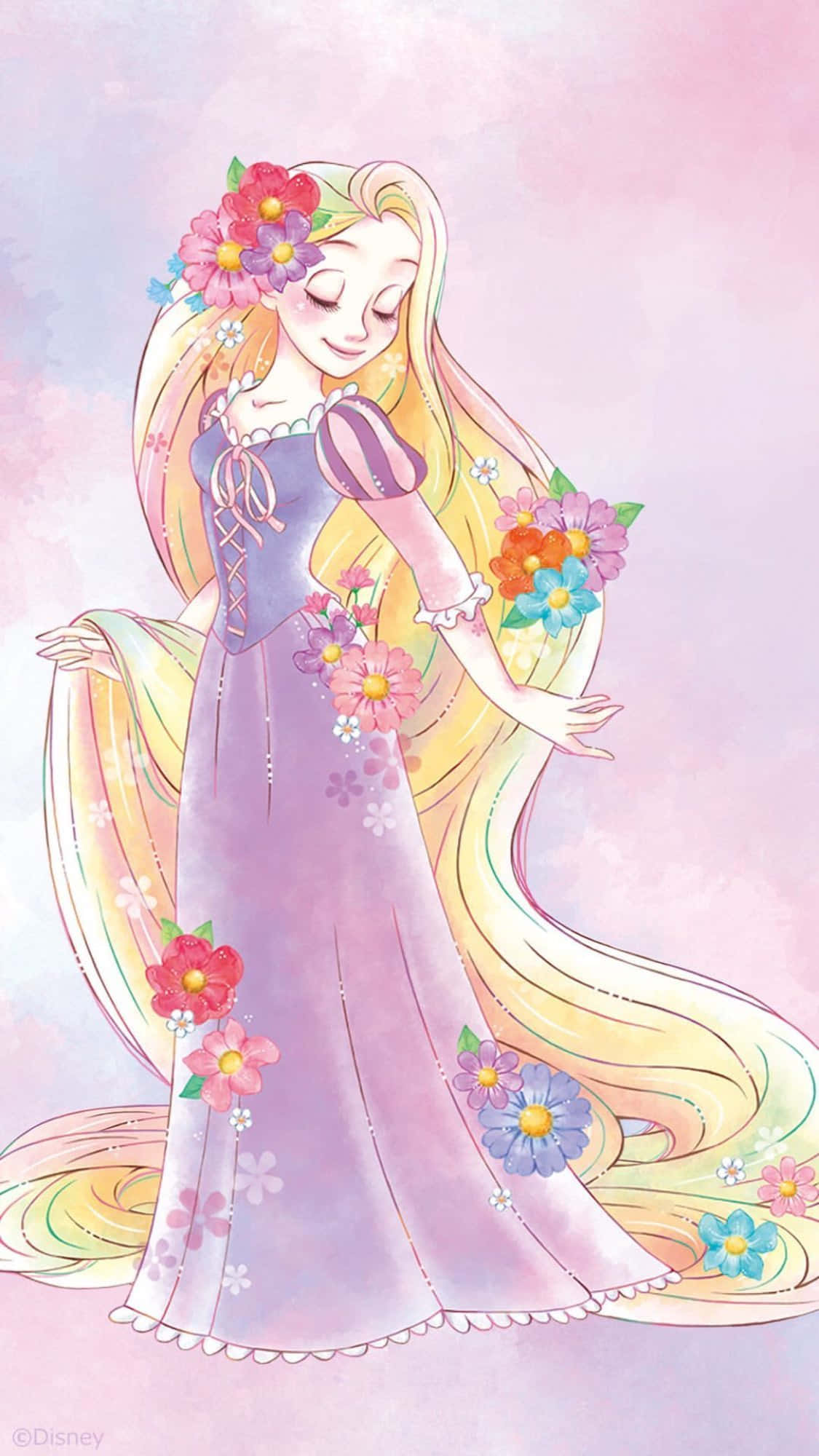 穿著紫色洋裝的女孩與花朵 壁紙