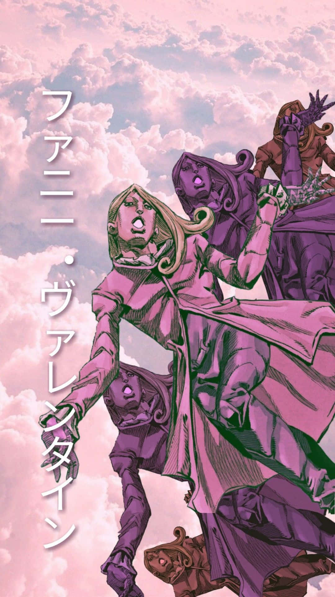 Funny Valentine 桌布 壁紙 — 穿著紫色長袍的動漫角色在帶有日文字樣的柔和粉紅雲天下動態站立。