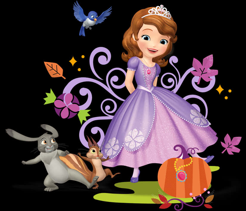 Sofia The First 桌布 壁紙 — 穿著紫色長袍的蘇菲亞公主與一隻兔子、花栗鼠和一隻鳥站在黑色背景上的秋葉和南瓜之間。
