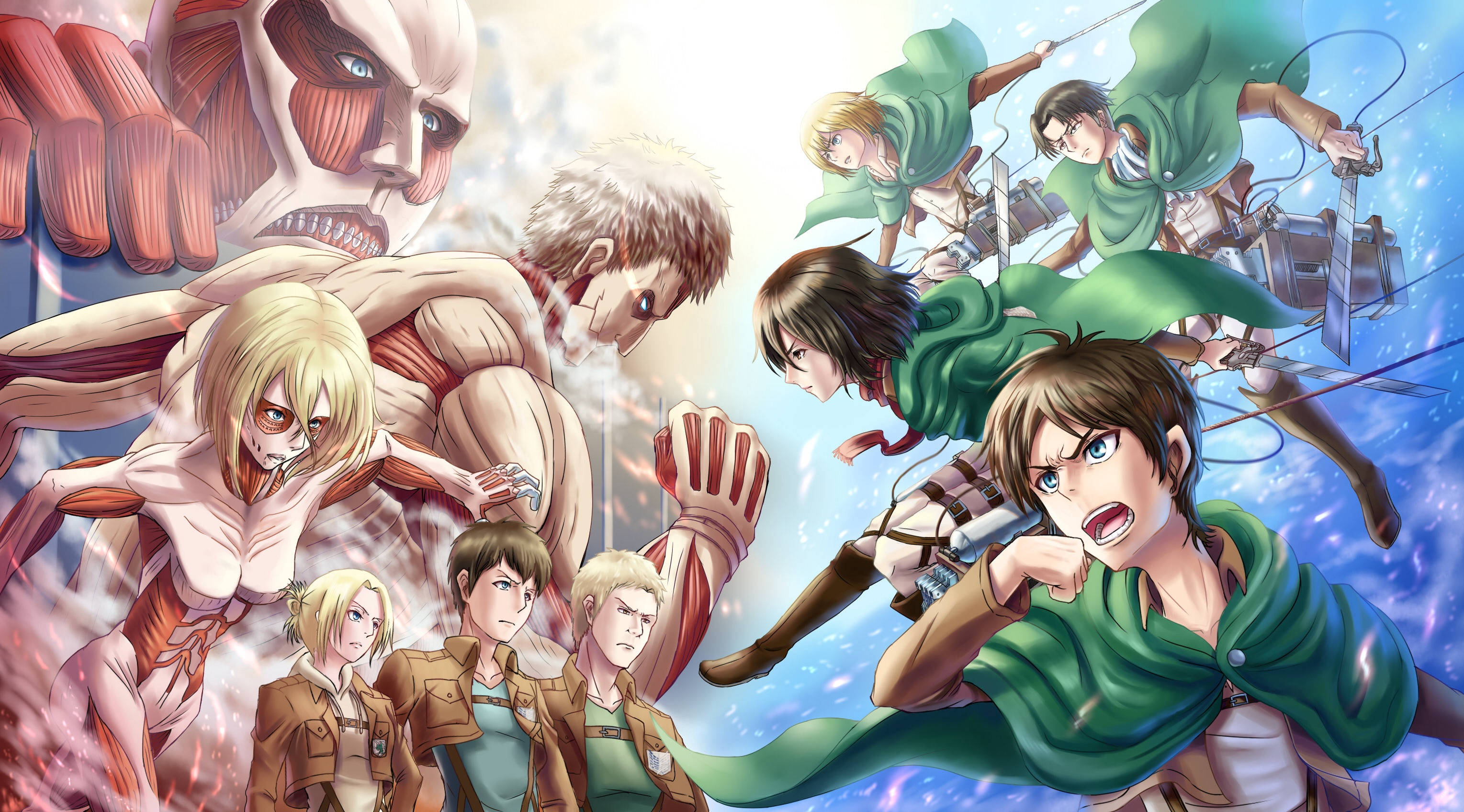 Reiner 桌布 壁紙 — 穿著綠色制服的動漫角色在爆炸能量和動態運動中與巨型人形巨人戰鬥。