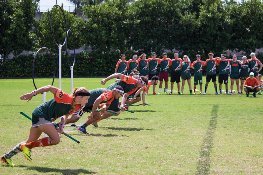 Quidditch 桌布 壁紙 — 穿著綠色和橙色球衣的球員在陽光照耀的草地上奔跑，追逐著魁地奇球穿過圓環，進行一場哈利波特主題的魁地奇比賽。