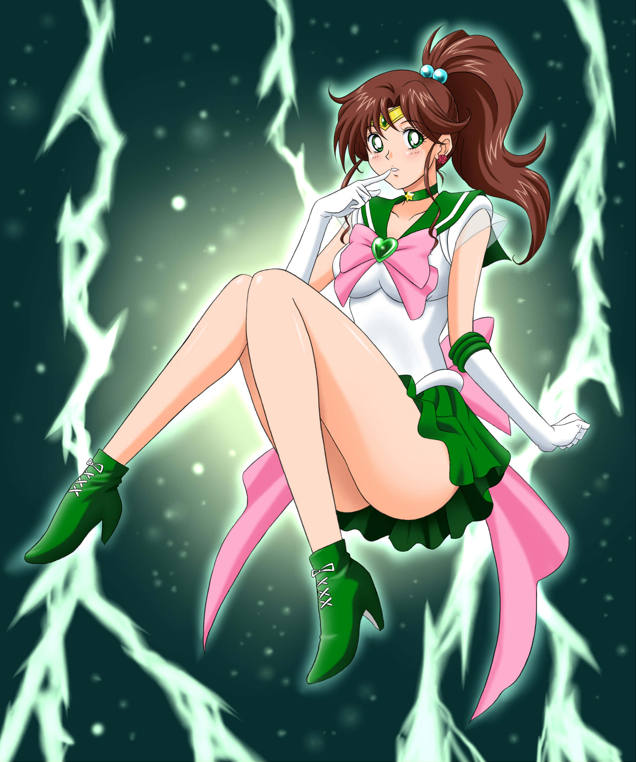 sailor jupiter 桌布 壁紙 — 穿著綠色和粉紅色水手服的動漫女孩在星光暗淡的背景中漂浮在發光的綠色能量中。