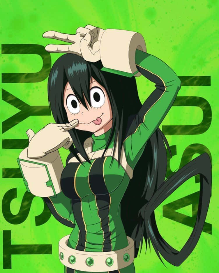 Froppy 桌布 壁紙 — 穿著綠色和黑色服裝的動漫女孩在充滿活力的綠色背景前頑皮地擺出和平手勢。
