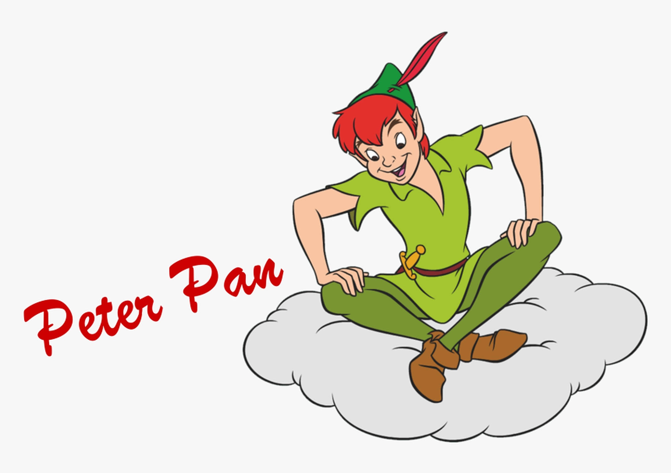 Peter Pan 桌布 壁紙 — 穿著綠色服裝的小飛俠彼得潘愉快地坐在 fluffy 雲朵上，旁邊有紅色文字。
