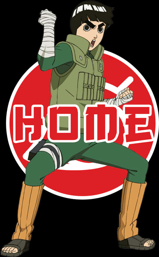 Anime Character 桌布 壁紙 — 穿著綠色背心和頭帶的動漫忍者角色在一個帶有風格化主頁文字的醒目紅色圓形標誌後面擺出動態姿勢。