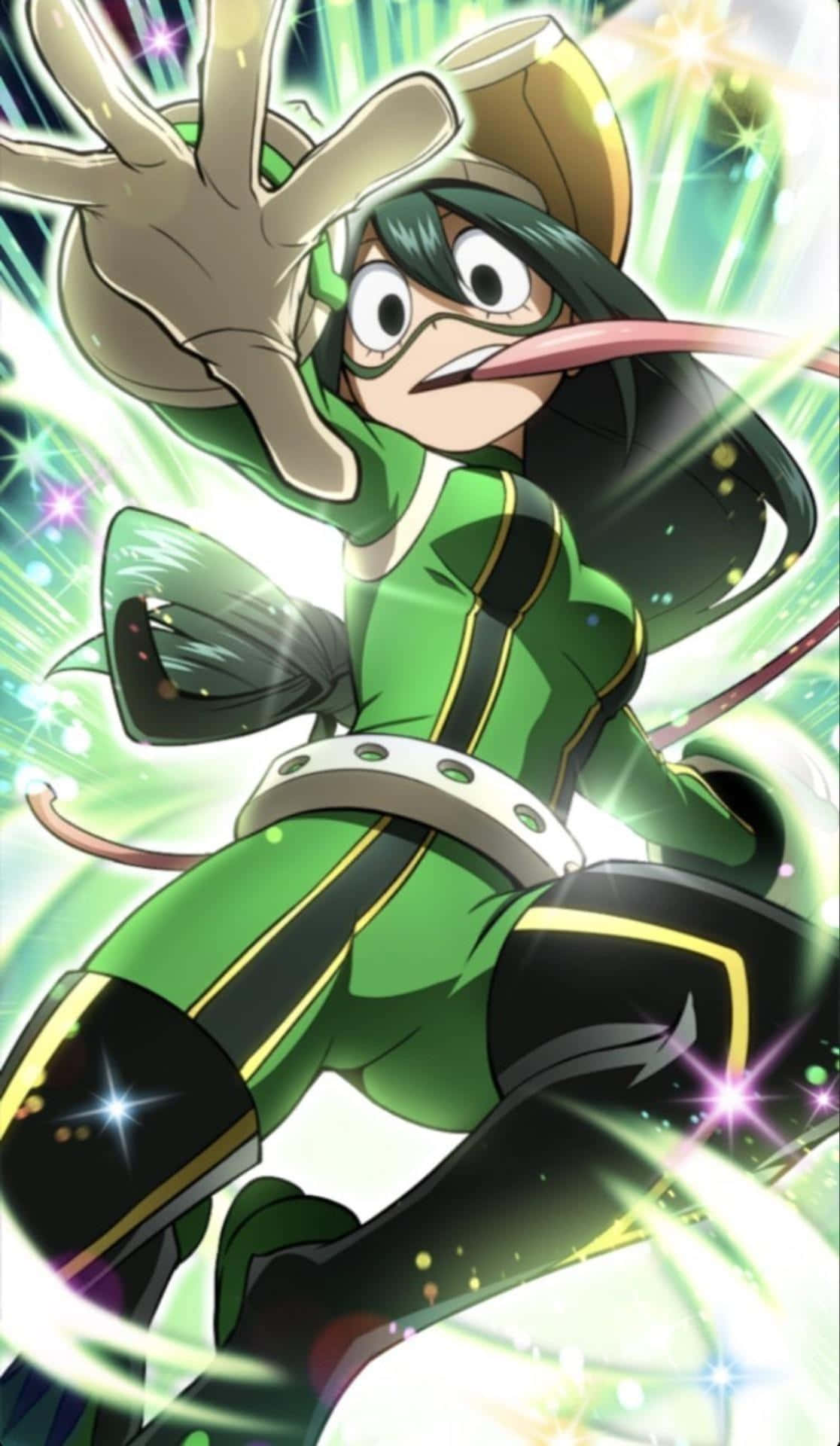 Froppy 桌布 壁紙 — 穿著綠色西裝、長舌頭和發光能量光環的動漫角色擺出動態姿勢。