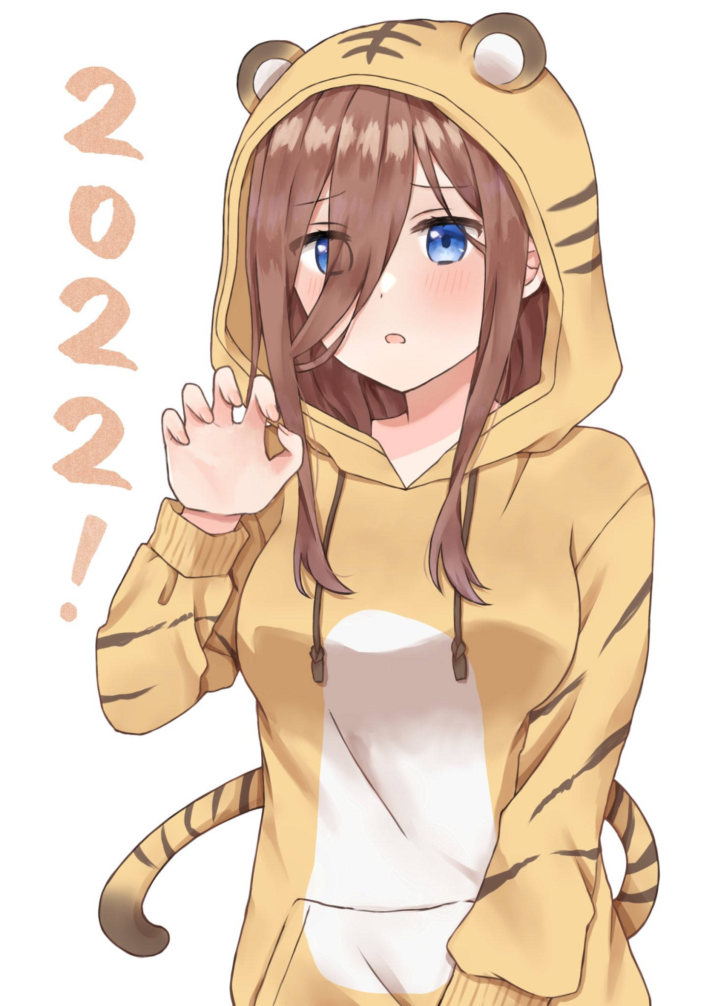 miku 桌布 壁紙 — 穿著老虎連身衣的動漫女孩在旁邊揮手，旁邊有「2022！」文字。