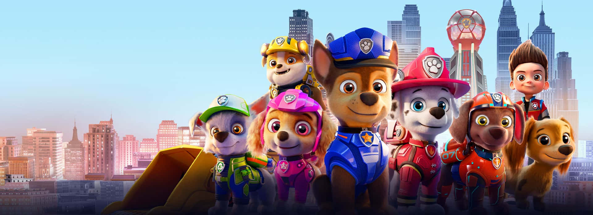 Paw Patrol小狗和萊德穿著英雄裝備，以黎明時分的城市天際線為背景。 — 汪汪隊立大功 GIF 壁紙