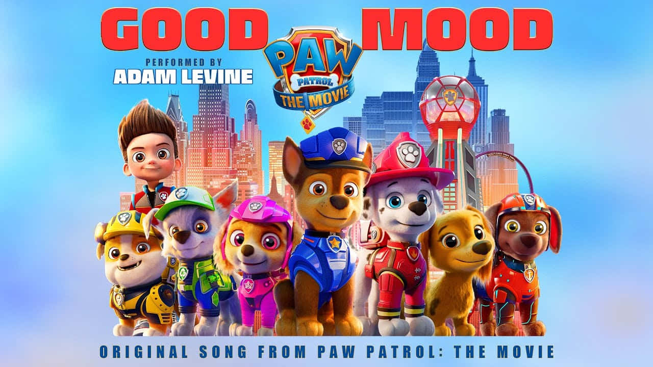 身穿英雄裝備的Paw Patrol角色在城市景觀前擺姿勢，標題為'Good Mood'。 — 汪汪隊立大功 GIF 壁紙
