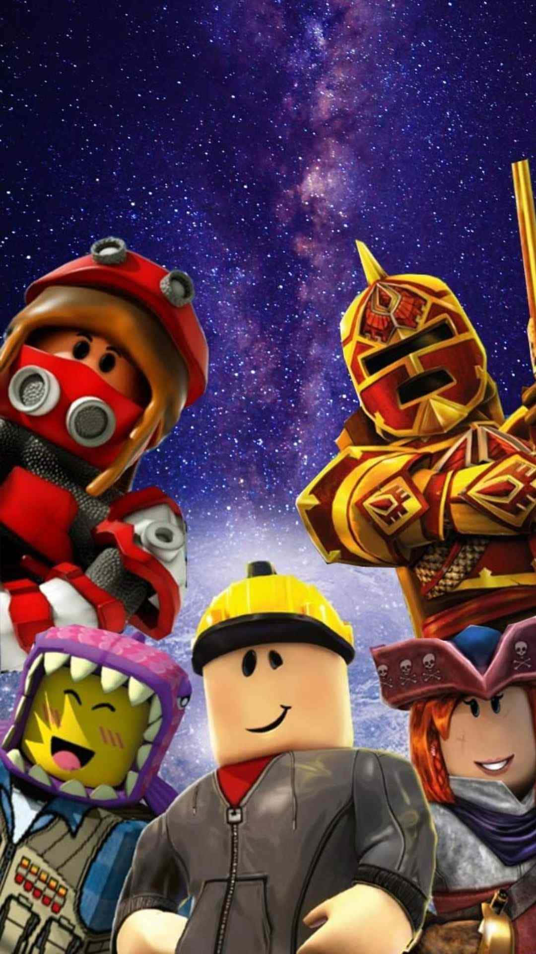 game 桌布 壁紙 — 穿著色彩繽紛服裝的Roblox虛擬角色，在充滿活力的紫色星空銀河背景下並排站立。