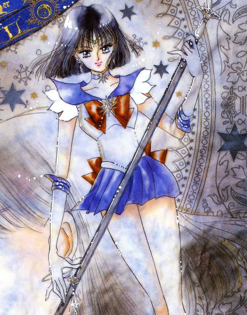 Sailor Saturn 桌布 壁紙 — 穿著藍白水手服的動畫女孩在星光燦爛的華麗背景中手持法杖。