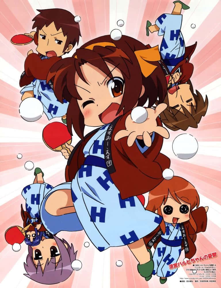 The Melancholy Of Haruhi Suzumiya 桌布 壁紙 — 穿著藍色H圖案制服的動漫角色在閃耀的粉紅色背景下以動態姿勢打乒乓球。