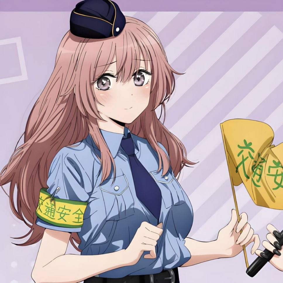 my 桌布 壁紙 — 穿著藍色交通制服的動漫女孩，手持帶有綠色字樣的黃色旗幟，向觀眾微笑。