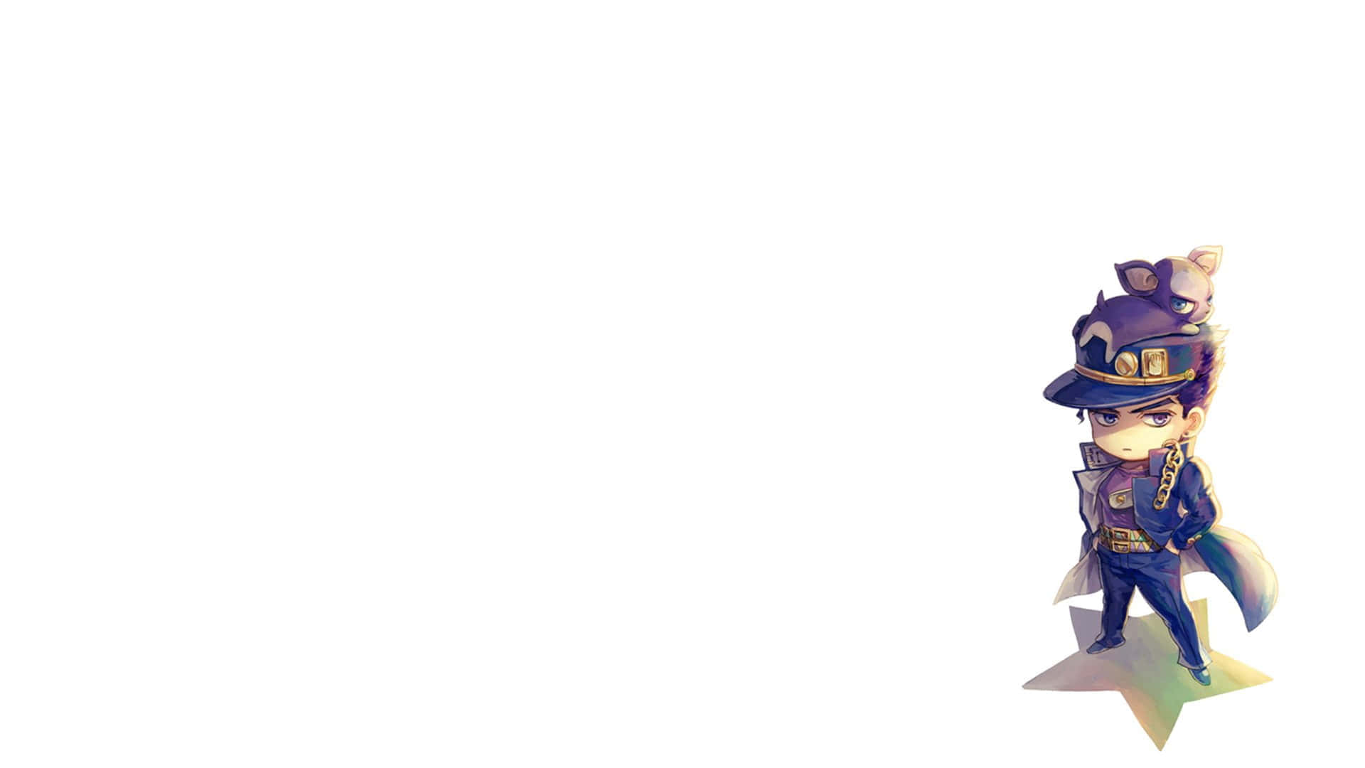 Jotaro Kujo 桌布 壁紙 — 穿著藍色制服、帽子上有貓的Q版動漫角色站在星星上，背景為純白色。