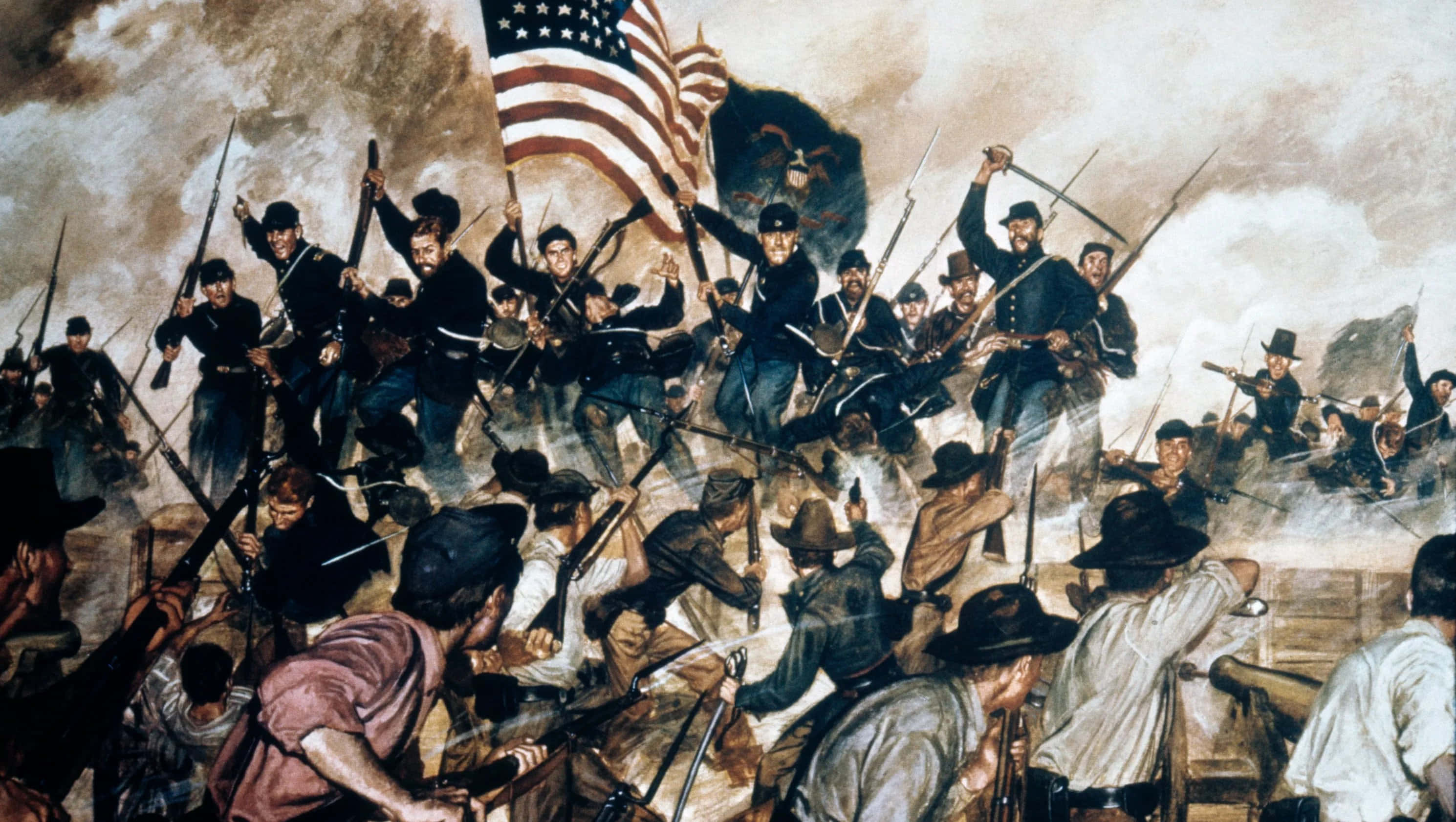 history 桌布 壁紙 — 穿著藍色和灰色制服的士兵在混亂的內戰戰鬥中交鋒，煙霧彌漫，美國國旗在上方飄揚。