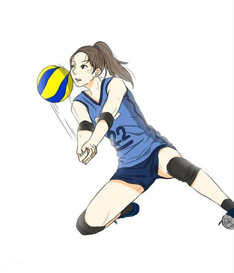 volleyball 4K 桌布 壁紙 — 穿著藍色排球制服的動漫女孩，以專注的強度潛水扣殺一個黃藍色的球。